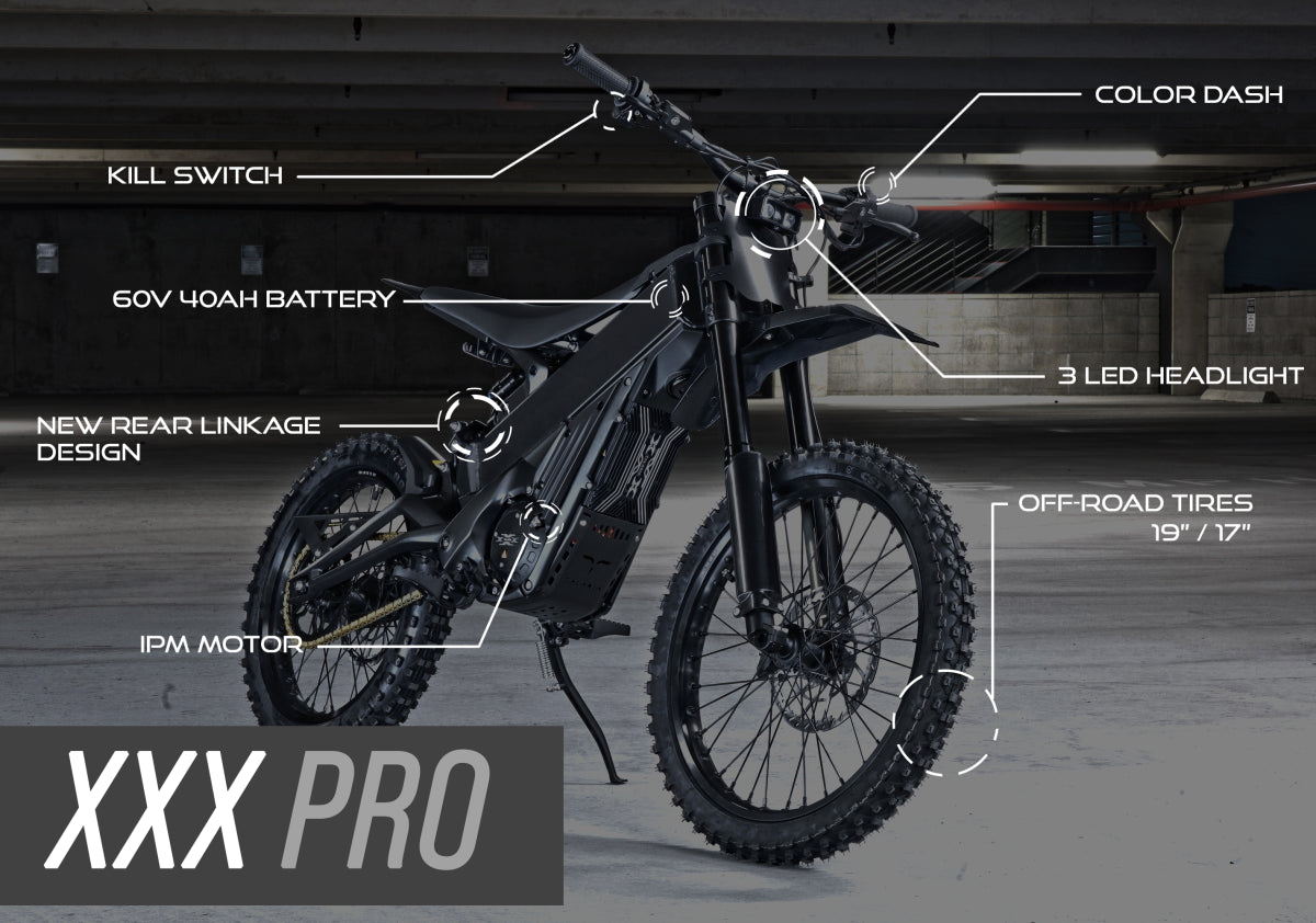 XXX Pro off-road motorcycle with feature labels on a dark background